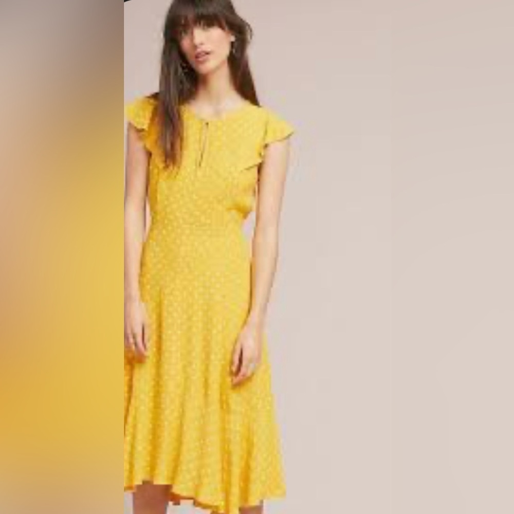 Anthropologie | Maeve Caroline Flutter Yellow Polka Dot Midi Dress ZB2